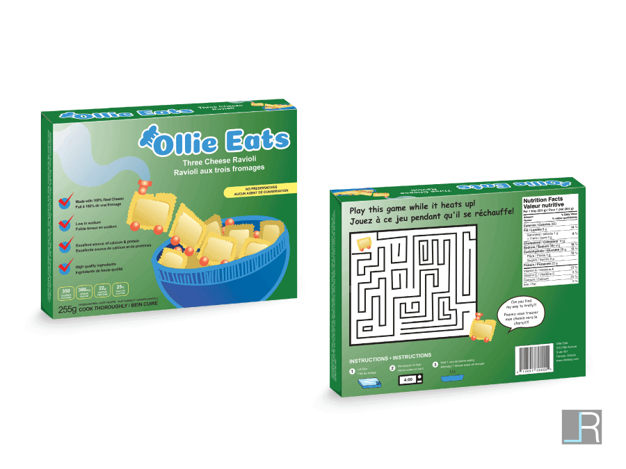 Ollie Eats Three Cheese Ravioli Frozen Dinner Package: Illustrative ravioli formed as a train moving out of the bowl